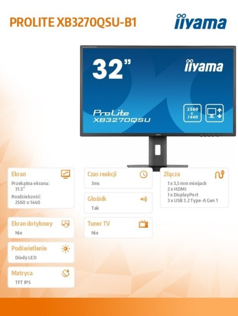 Monitor 32 cale XB3270QSU-B1 IPS,WQHD,HDMI,DP,100Hz,250cd,3ms,2x2W, 3xUSB(3.2),FlickerFree,VESA,HAS(150mm) Monitor 32 cale XB3270QSU-B1 IPS,WQHD,HDMI,DP,100Hz,250cd,3ms,2x2W, 3xUSB(3.2),FlickerFree,VESA,HAS(150mm)