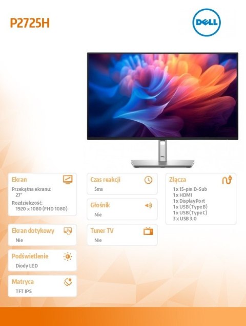 Monitor 27 cali P2725H IPS LED Full HD(1920x1080)/16:9/HDMI/DP/USB-C/VGA/USB/5Y Monitor 27 cali P2725H IPS LED Full HD(1920x1080)/16:9/HDMI/DP/USB-C/VGA/USB/5Y