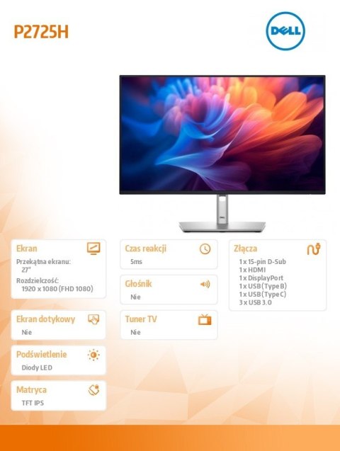 Monitor 27 cali P2725H IPS LED Full HD(1920x1080)/16:9/HDMI/DP/VGA/USB-C/USB/3Y Monitor 27 cali P2725H IPS LED Full HD(1920x1080)/16:9/HDMI/DP/VGA/USB-C/USB/3Y