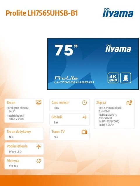 Monitor 75 cali LH7565UHSB-B1, 24/7, IPS, ANDROID 11, 4K, 800cd, iiSignage2, SDM, 2x HDMI, DP, 2x USB,2x 10W, RJ45, WiFi, 4/32GB Monitor 75 cali LH7565UHSB-B1, 24/7, IPS, ANDROID 11, 4K, 800cd, iiSignage2, SDM, 2x HDMI, DP, 2x USB,2x 10W, RJ45, WiFi, 4/32GB