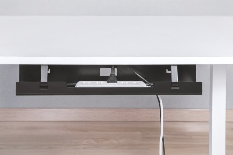 Kanał stalowy do organizacji kabli / listew zasilających pod biurkiem, z uchwytami, montaż śruby, 60cm, czarny Kanał stalowy do organizacji kabli / listew zasilających pod biurkiem, z uchwytami, montaż śruby, 60cm, czarny