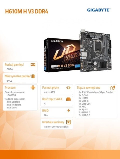 Płyta główna H610M H V3 DDR4 s1700 2DDR4 HDMI USB mATX Płyta główna H610M H V3 DDR4 s1700 2DDR4 HDMI USB mATX