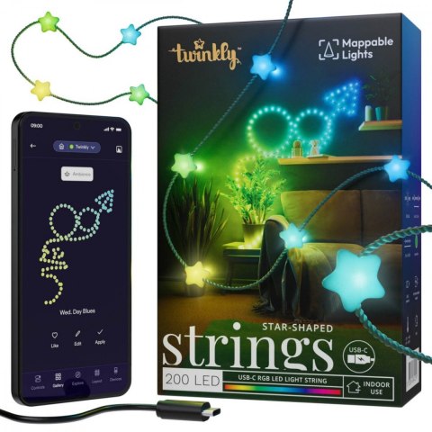 Inteligentne lampki dekoracyjne Strings USB-C (Candies) 200 LED RGB, gwiazdy, zielony przewód, 12 m Inteligentne lampki dekoracyjne Strings USB-C (Candies) 200 LED RGB, gwiazdy, zielony przewód, 12 m