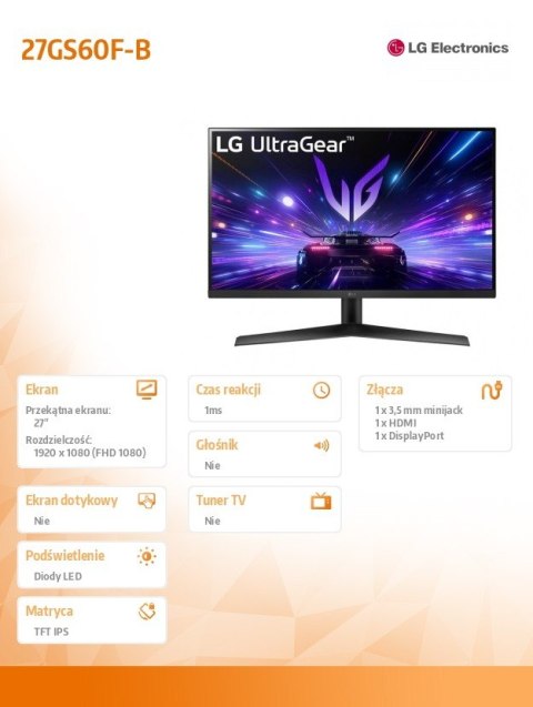 Monitor 27GS60F-B 27 cali FHD UltraGear IPS 180Hz 1ms Monitor 27GS60F-B 27 cali FHD UltraGear IPS 180Hz 1ms