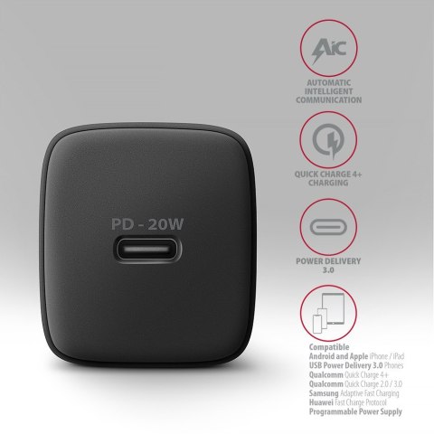ACU-PD20 Ładowarka sieciowa PD 20W, 1x port USB-C, PD3.0/QC3.0/AFC/FCP/Apple Czarna ACU-PD20 Ładowarka sieciowa PD 20W, 1x port USB-C, PD3.0/QC3.0/AFC/FCP/Apple Czarna