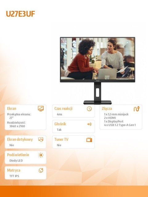 Monitor 27 cali U27E3UF 4K IPS HDMIx2 DP Pivot Głośniki Monitor 27 cali U27E3UF 4K IPS HDMIx2 DP Pivot Głośniki