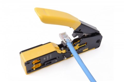 Zaciskarka do wtyków przelotowych RJ45 kat.5e/kat.6, RJ12, RJ11 z funkcją obcinania kabli oraz ściągania izolacji Zaciskarka do wtyków przelotowych RJ45 kat.5e/kat.6, RJ12, RJ11 z funkcją obcinania kabli oraz ściągania izolacji