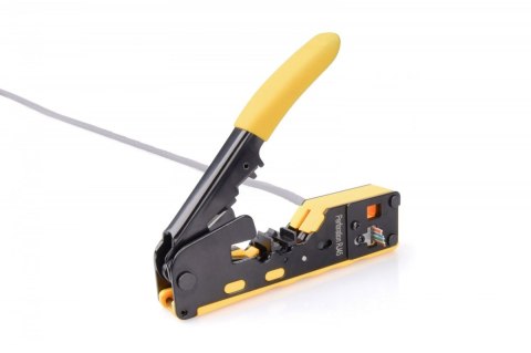 Zaciskarka do wtyków przelotowych RJ45 kat.5e/kat.6, RJ12, RJ11 z funkcją obcinania kabli oraz ściągania izolacji Zaciskarka do wtyków przelotowych RJ45 kat.5e/kat.6, RJ12, RJ11 z funkcją obcinania kabli oraz ściągania izolacji