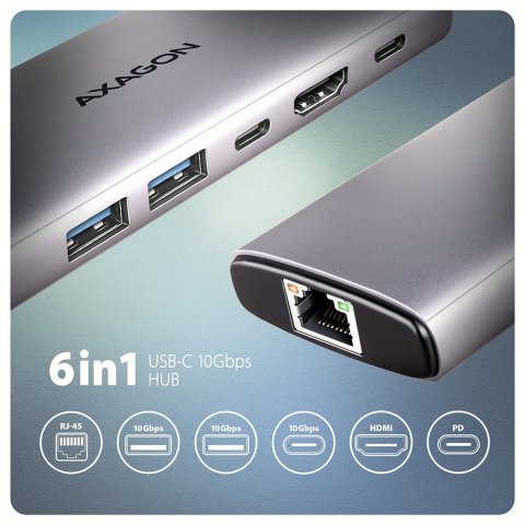HMC-6G2L Wieloportovy hub USB 6in1, 10Gbps, 2xUSB-A, 1xUSB-C, HDMI 4K/60Hz, PD 100W, GLAN, 15cm USB-C kabel HMC-6G2L Wieloportovy hub USB 6in1, 10Gbps, 2xUSB-A, 1xUSB-C, HDMI 4K/60Hz, PD 100W, GLAN, 15cm USB-C kabel