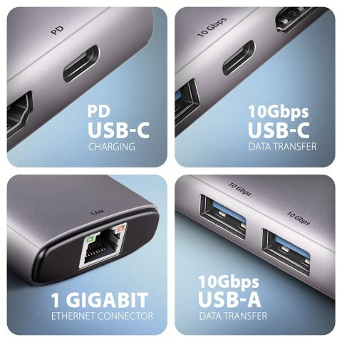HMC-6G2L Wieloportovy hub USB 6in1, 10Gbps, 2xUSB-A, 1xUSB-C, HDMI 4K/60Hz, PD 100W, GLAN, 15cm USB-C kabel HMC-6G2L Wieloportovy hub USB 6in1, 10Gbps, 2xUSB-A, 1xUSB-C, HDMI 4K/60Hz, PD 100W, GLAN, 15cm USB-C kabel