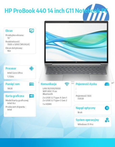 Notebook ProBook 440 G11 U7-155U 512GB/16GB/W11P/14 cali A38DKET Notebook ProBook 440 G11 U7-155U 512GB/16GB/W11P/14 cali A38DKET