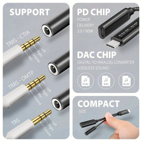ADA-HCPD Zewnętrzna karta dźwiękowa USB-C 32bit DAC 3.5mm (F) złącze, 384kHz + PD 60W ADA-HCPD Zewnętrzna karta dźwiękowa USB-C 32bit DAC 3.5mm (F) złącze, 384kHz + PD 60W