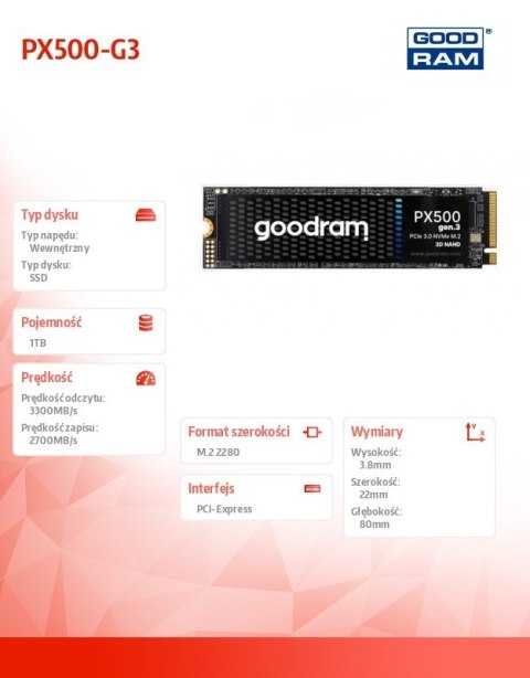 Dysk SSD PX500-G3 1TB M.2 PCIe 3x4 NVMe 2280 3300/2700 Dysk SSD PX500-G3 1TB M.2 PCIe 3x4 NVMe 2280 3300/2700