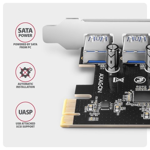 PCEU-430RS Kontroler PCIe 4x port USB 3.2 GEN 1, UASP, chipset Renesas, 15-pin SATA zasilacz PCEU-430RS Kontroler PCIe 4x port USB 3.2 GEN 1, UASP, chipset Renesas, 15-pin SATA zasilacz