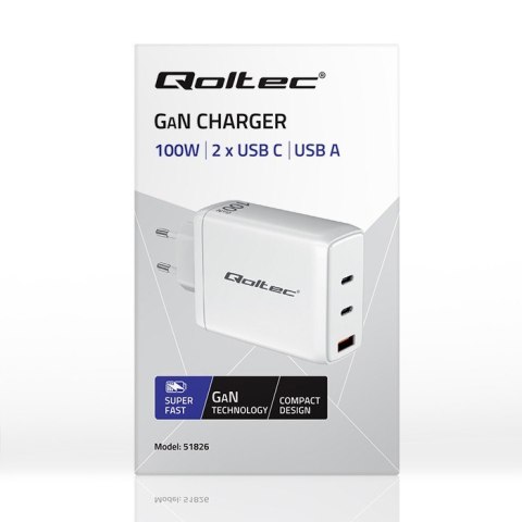 Ładowarka sieciowa 100W GaN | 5-20V | 1.5-3A | 2xUSB-C PD | 1xUSBQC 3.0 | Biała Ładowarka sieciowa 100W GaN | 5-20V | 1.5-3A | 2xUSB-C PD | 1xUSBQC 3.0 | Biała