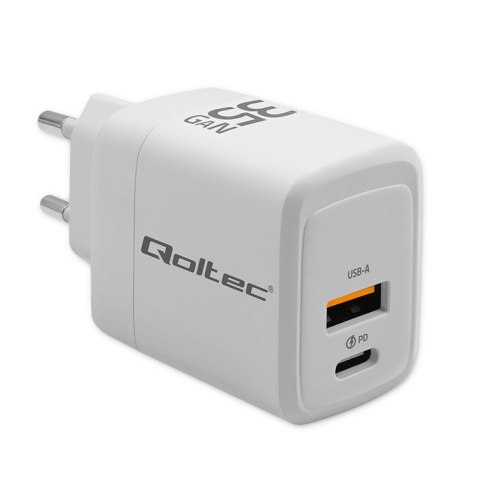 Ładowarka sieciowa 35W GaN | 5-20V | 1.5-3A | 1xUSB-C PD | 1xUSB QC 3.0 | Biała Ładowarka sieciowa 35W GaN | 5-20V | 1.5-3A | 1xUSB-C PD | 1xUSB QC 3.0 | Biała
