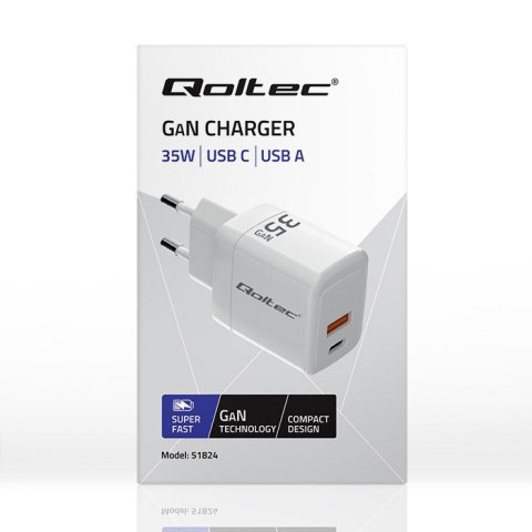 Ładowarka sieciowa 35W GaN | 5-20V | 1.5-3A | 1xUSB-C PD | 1xUSB QC 3.0 | Biała Ładowarka sieciowa 35W GaN | 5-20V | 1.5-3A | 1xUSB-C PD | 1xUSB QC 3.0 | Biała