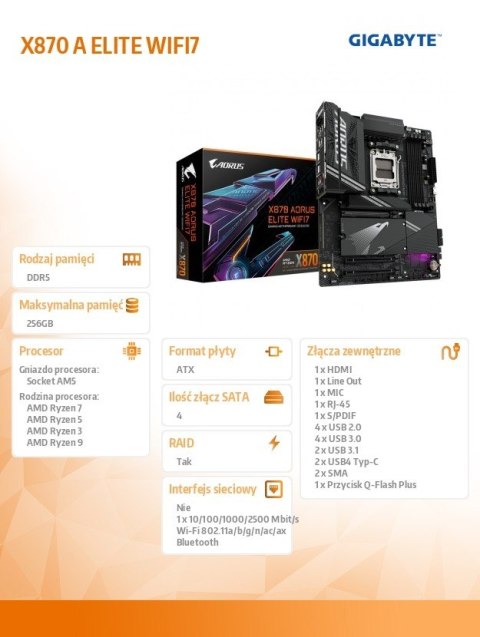 Płyta główna X870 A ELITE WIFI7 AM5 4DDR5 HDMI/USB-C ATX Płyta główna X870 A ELITE WIFI7 AM5 4DDR5 HDMI/USB-C ATX