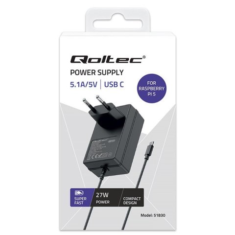 Ładowarka Super FAST PD for Raspberry PI 5 | USB-C | 27W | 5-12V | 1.8-5A | Czarna Ładowarka Super FAST PD for Raspberry PI 5 | USB-C | 27W | 5-12V | 1.8-5A | Czarna