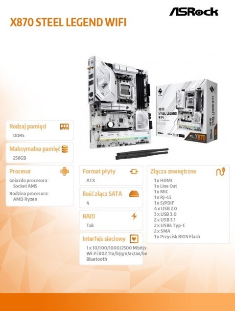 Płyta główna X870 STEEL LEGEND WIFI AM5 4DDR5 M.2 ATX Płyta główna X870 STEEL LEGEND WIFI AM5 4DDR5 M.2 ATX