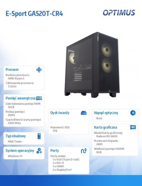 Komputer E-Sport GA520T-CR4 Ryzen 5 5600/16GB/1TB/RX 6600 8GB/W11 Komputer E-Sport GA520T-CR4 Ryzen 5 5600/16GB/1TB/RX 6600 8GB/W11