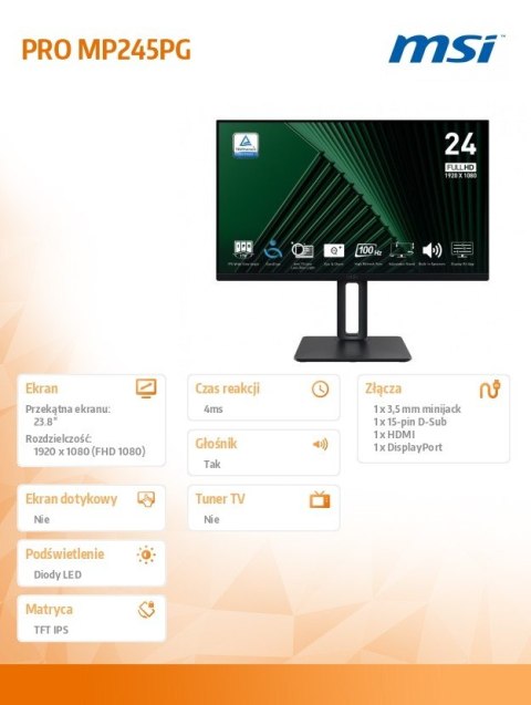 Monitor 23.8 cala PRO MP245PG LED/FHD/Flat/100Hz/czarny Monitor 23.8 cala PRO MP245PG LED/FHD/Flat/100Hz/czarny