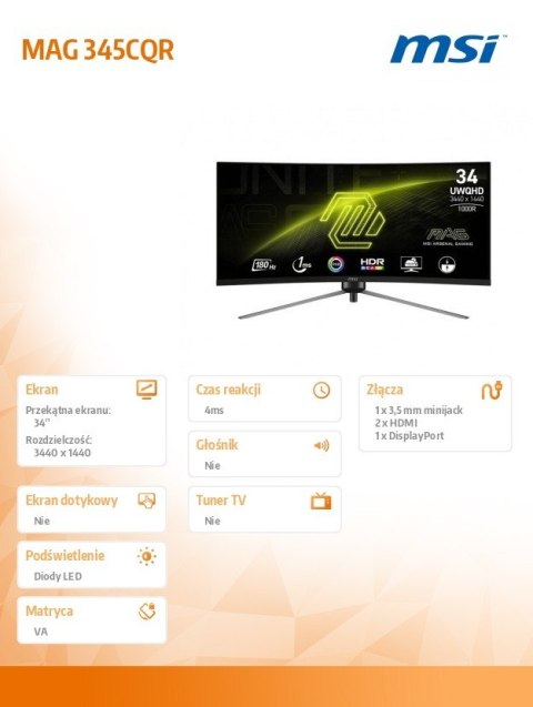 Monitor 34 cale MAG 345CQR LED/WQHD/Curved/180Hz/czarny Monitor 34 cale MAG 345CQR LED/WQHD/Curved/180Hz/czarny