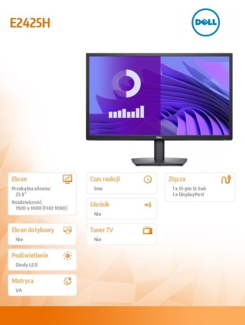 Monitor E2425H 23.8 cala LED VA 1920x1080/DP/VGA/3Y Monitor E2425H 23.8 cala LED VA 1920x1080/DP/VGA/3Y