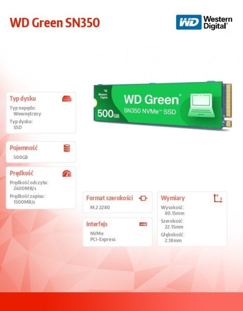 Dysk SSD Green 500GB M.2 2280 SN350 NVMe PCIe Dysk SSD Green 500GB M.2 2280 SN350 NVMe PCIe
