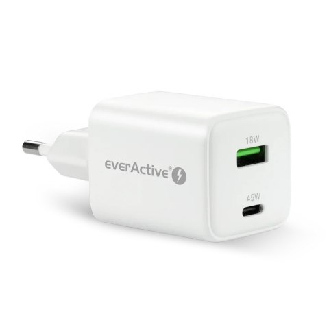 Ładowarka sieciowa GaN 1X USB, 1X USB-C 45W QC4+ PD Biała Ładowarka sieciowa GaN 1X USB, 1X USB-C 45W QC4+ PD Biała