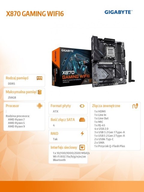 Płyta główna X870 GAMING WIFI6 AM5 4DDR5 HDMI/USB-C ATX Płyta główna X870 GAMING WIFI6 AM5 4DDR5 HDMI/USB-C ATX