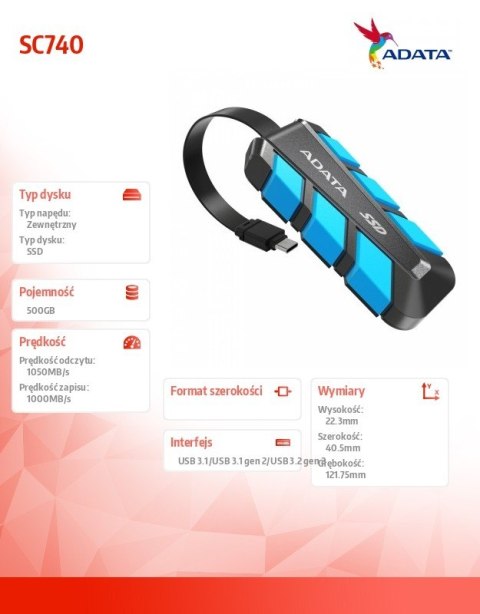 Dysk zewnętrzny SSD SC740 500G U3.2C 1050/1000 MB/s niebieski Dysk zewnętrzny SSD SC740 500G U3.2C 1050/1000 MB/s niebieski