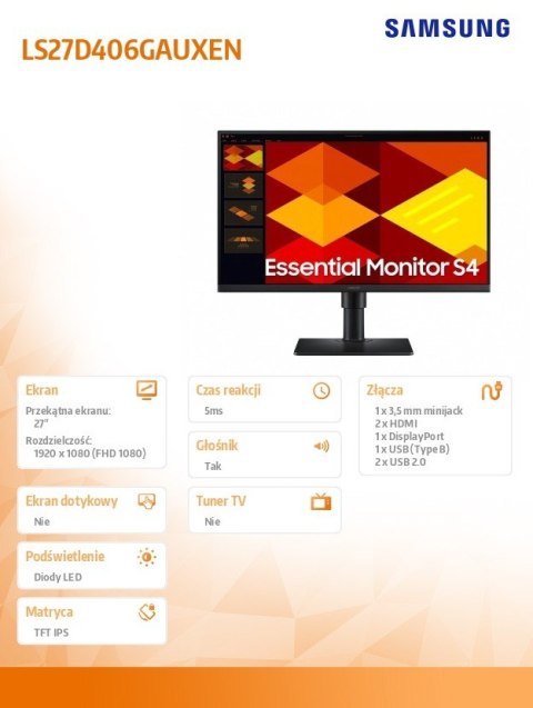Monitor 27 cali S40GD IPS 1920x1080 FHD 16:9 2xHDMI 1xDP 2xUSB-A 2.0 1xUSB-B 5ms 100Hz HAS+PIV głośniki płaski 3YOn-Site (LS27D4 Monitor 27 cali S40GD IPS 1920x1080 FHD 16:9 2xHDMI 1xDP 2xUSB-A 2.0 1xUSB-B 5ms 100Hz HAS+PIV głośniki płaski 3YOn-Site (LS27D4