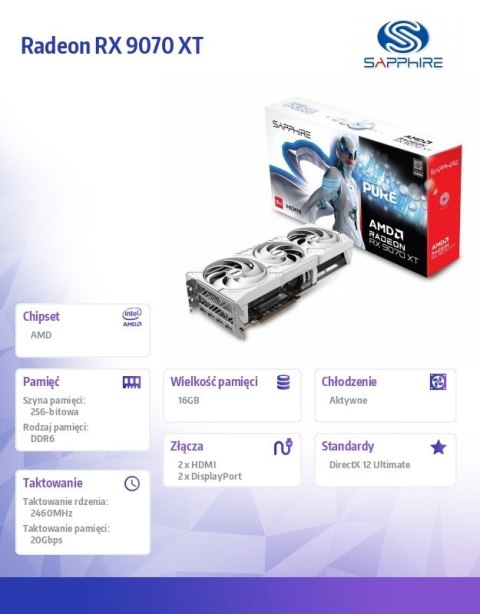 Karta graficzna Radeon RX 9070 XT PURE 16GB OC GDDR6 256bit 2DP/2HDMI Karta graficzna Radeon RX 9070 XT PURE 16GB OC GDDR6 256bit 2DP/2HDMI