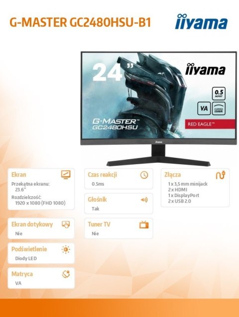 Monitor 24 cale GC2480HSU-B1,VA,180HZ,1500R,USBx2,0,5ms,300cd Monitor 24 cale GC2480HSU-B1,VA,180HZ,1500R,USBx2,0,5ms,300cd