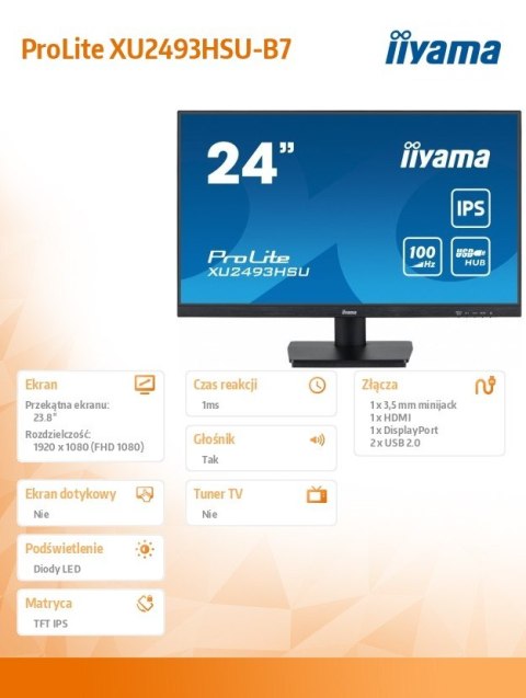 Monitor 24 cale XU2493HSU-B7,IPS.HDMI.DP.2x2W.USBx2,300cd Monitor 24 cale XU2493HSU-B7,IPS.HDMI.DP.2x2W.USBx2,300cd