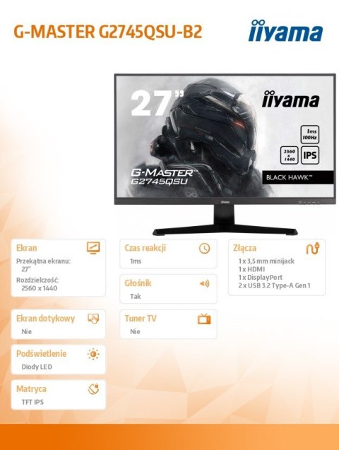 Monitor 27 cali G2745QSU-B2,IPS,QHD,100Hz,1ms,2xUSB,300cd Monitor 27 cali G2745QSU-B2,IPS,QHD,100Hz,1ms,2xUSB,300cd