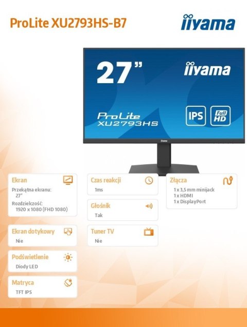 Monitor 27 cali XU2793HS-B7,IPS,HDMI,DP,ACR,2x2W,300cd Monitor 27 cali XU2793HS-B7,IPS,HDMI,DP,ACR,2x2W,300cd