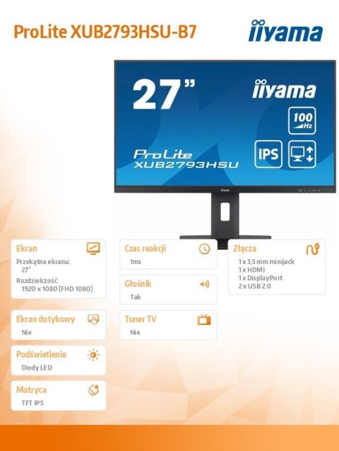Monitor 27 cali XUB2793HSU-B7,IPS.HDMI.DP.2x2W.USBx2,300cd Monitor 27 cali XUB2793HSU-B7,IPS.HDMI.DP.2x2W.USBx2,300cd