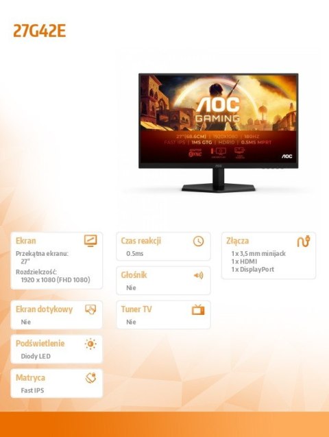 Monitor 27G42E 27 cali 180Hz Fast IPS HDMI DP Monitor 27G42E 27 cali 180Hz Fast IPS HDMI DP