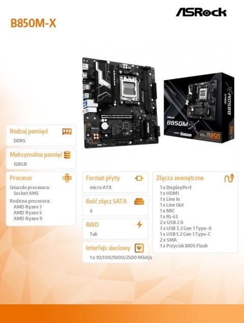 Płyta główna B850M-X AM5 2DDR5 M.2 USBC mATX Płyta główna B850M-X AM5 2DDR5 M.2 USBC mATX