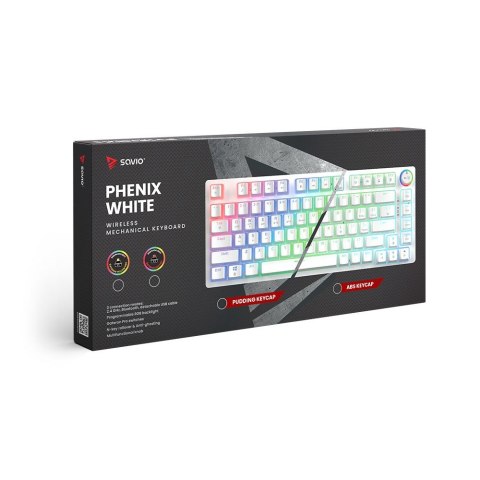 Klawiatura mechaniczna bezprzewodowa SAVIO PHENIX WHITE Gateron Yellow, Pudding Klawiatura mechaniczna bezprzewodowa SAVIO PHENIX WHITE Gateron Yellow, Pudding
