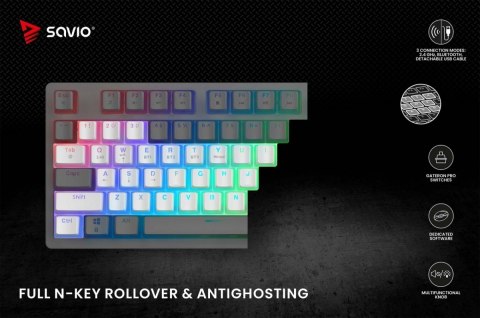 Klawiatura mechaniczna bezprzewodowa SAVIO PHENIX WHITE Gateron Yellow, Pudding Klawiatura mechaniczna bezprzewodowa SAVIO PHENIX WHITE Gateron Yellow, Pudding