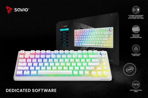 Klawiatura mechaniczna bezprzewodowa SAVIO PHENIX WHITE Gateron Yellow, Pudding Klawiatura mechaniczna bezprzewodowa SAVIO PHENIX WHITE Gateron Yellow, Pudding