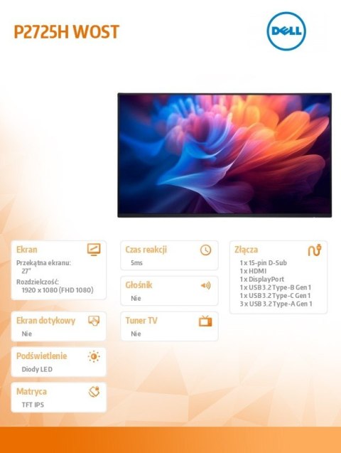 Monitor 27 cali P2725HWO IPS LED FullHD(1920x1080)/16:9/HDMI/DP/USB-C/ VGA/USB/Bez podstawy/3Y Monitor 27 cali P2725HWO IPS LED FullHD(1920x1080)/16:9/HDMI/DP/USB-C/ VGA/USB/Bez podstawy/3Y
