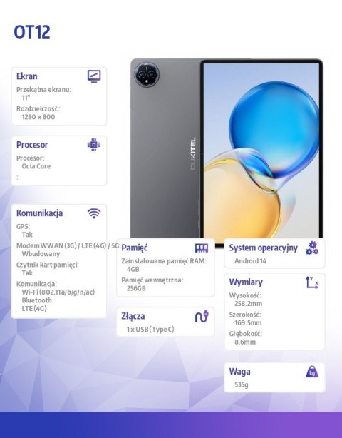 Tablet OT12 4G 11 cali 4/256GB Szary Tablet OT12 4G 11 cali 4/256GB Szary